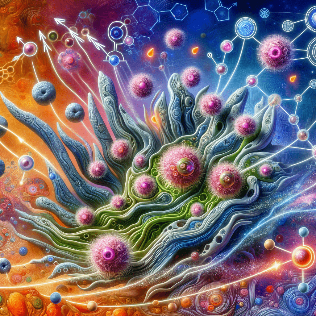 This microscopic-level visual showcases highly adaptive, shape-shifting stem cells surrounded by a vibrant, ever-changing cellular environment. Colorful, abstract graphic overlays and dynamic arrows emanate from the stem cells, indicating how the factors present within this environment - including mental, emotional and other influences - can directly sculpt the development and differentiation of these foundational building blocks of human biology. The image powerfully illustrates Lipton's insights about the incredible plasticity of our cells, challenging the notion of genetic determinism.