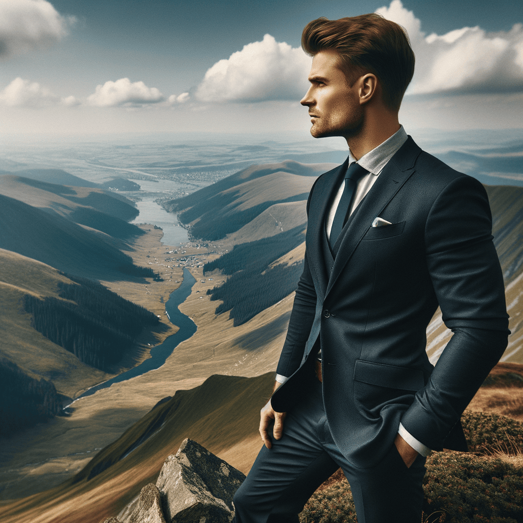 A business man standing on the top of the mountain symbolizing freedom through achievements of goals