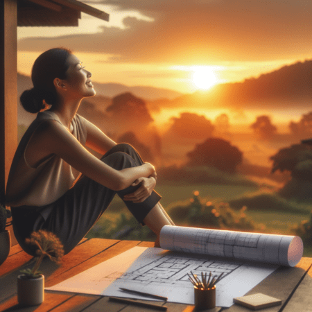A woman looking out at a beautiful sunset, with a sense of accomplishment and peace. This image represents the satisfaction and fulfillment that comes from achieving your goals through a well-thought-out plan. She is siting besides of the blueprint plain, suggesting that what made her happy.