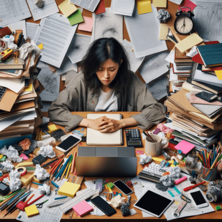 A picture of a person with a thought bubble, filled with goals and aspirations
A person sitting in front of a cluttered desk, overwhelmed by tools and resources. This image represents the feeling of being lost in the pursuit of productivity hacks and tools, without a clear direction or purpose. Mindset is a key in goal setting.