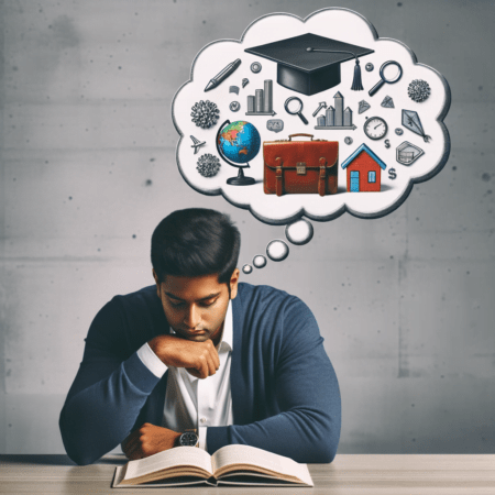 A man with the book idealising his aspirations, dreams with goal-setting as a tool to plan and execute his futrue success