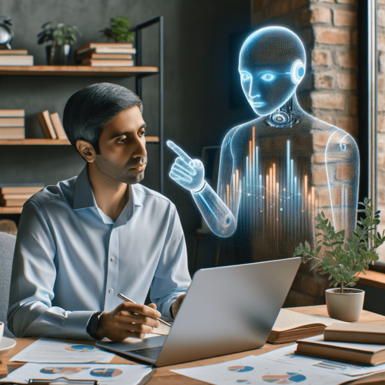Image showing small business owner working on analysing his business and using help of AI in this tasks. AI represented as robot symbolises human link abilities for the business owner bootstrapping his work.