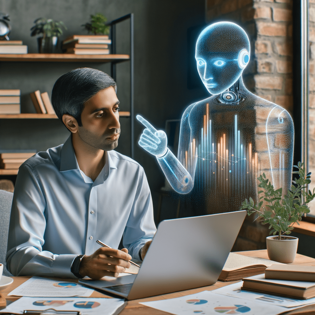 Image showing small business owner working on analysing his business and using help of AI in this tasks. AI represented as robot symbolises human link abilities for the business owner bootstrapping his work.