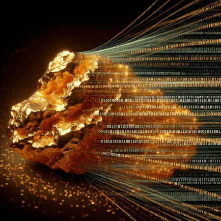 Data as a new gold, and abstract picture depicting transmutation of gold into data, as a symbolic representation of value of data in XXI centruy