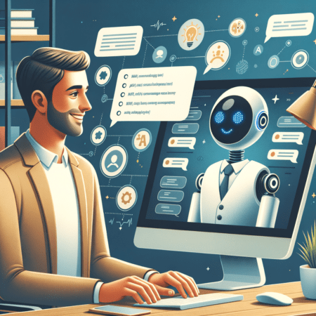 Happy customer chats with an AI-chatbot, symbolizing better customer satisfaction thanks to AI technology
