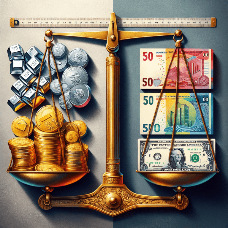 A visually striking image contrasting the intrinsic value of precious metals like gold and silver coins/bars against the fiat paper currencies issued by governments and central banks. The image could depict these different forms of money side by side or using symbolic representations to highlight their vastly different properties as stores of value.