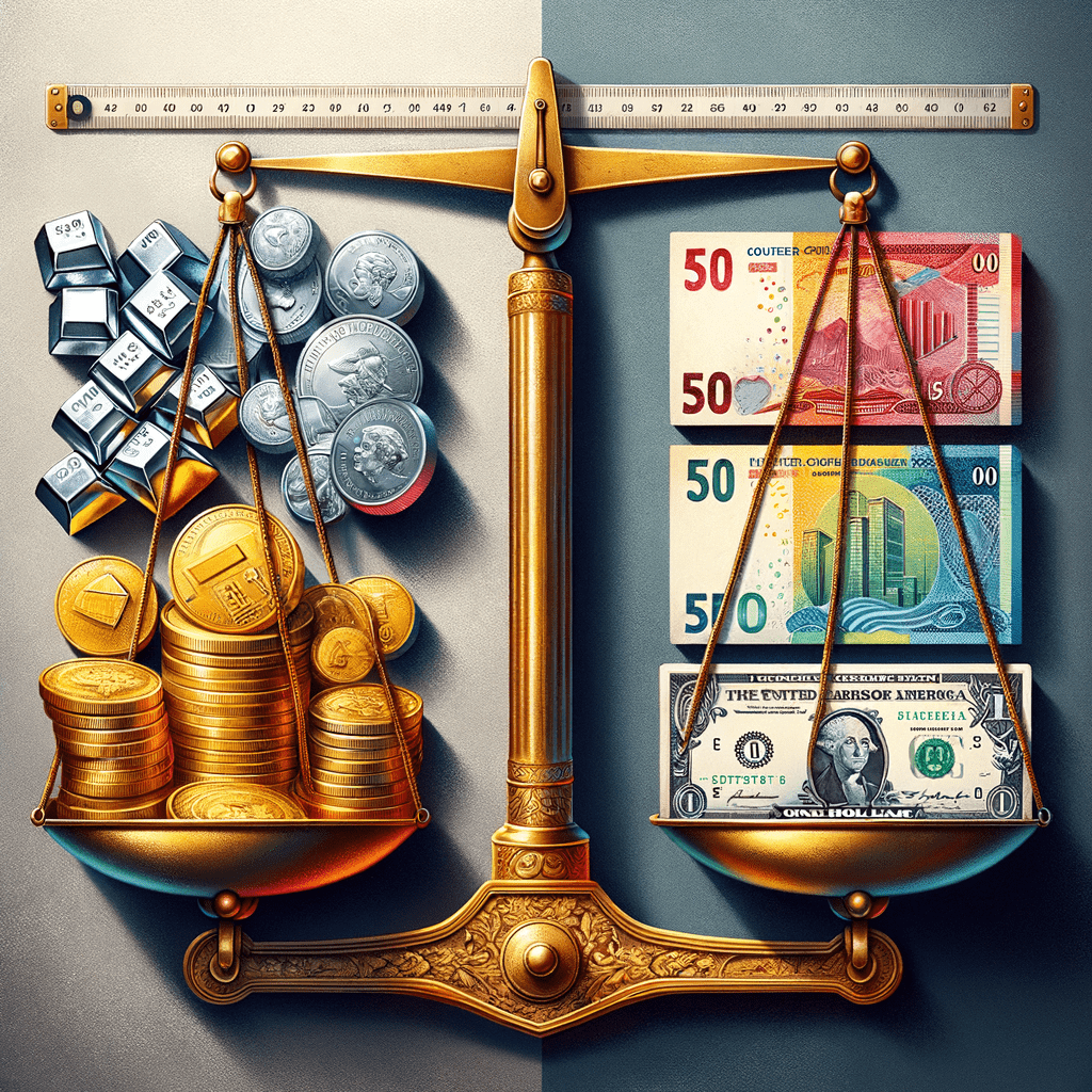 A visually striking image contrasting the intrinsic value of precious metals like gold and silver coins/bars against the fiat paper currencies issued by governments and central banks. The image could depict these different forms of money side by side or using symbolic representations to highlight their vastly different properties as stores of value.