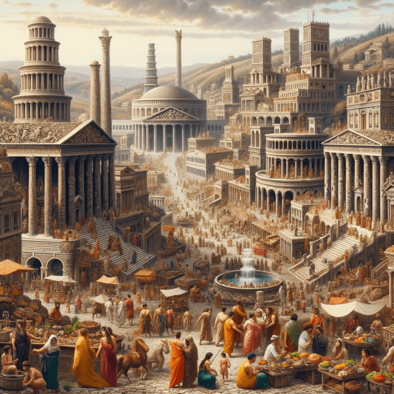The main image for this article is a detailed illustration of an ancient Greek or Roman city-state. The scene depicts an elaborate, classical architectural landscape with grand marble buildings, temples, and monuments. In the foreground, people can be seen engaged in various activities like trade, commerce, and leisure. The image evokes a sense of prosperity and sophistication, representing the "golden age" of this ancient civilization. However, the article suggests this image symbolizes the cyclical collapse of empires and currencies described in the "Seven Stages of Empire" framework.