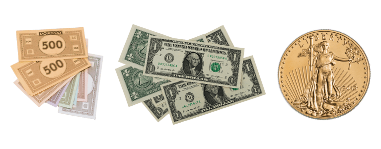 Image with monopoly money, dollars and gold (real money)