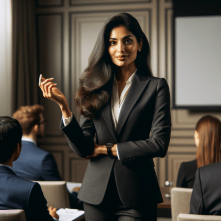 A confident leader before presentation, indicating a good boss.