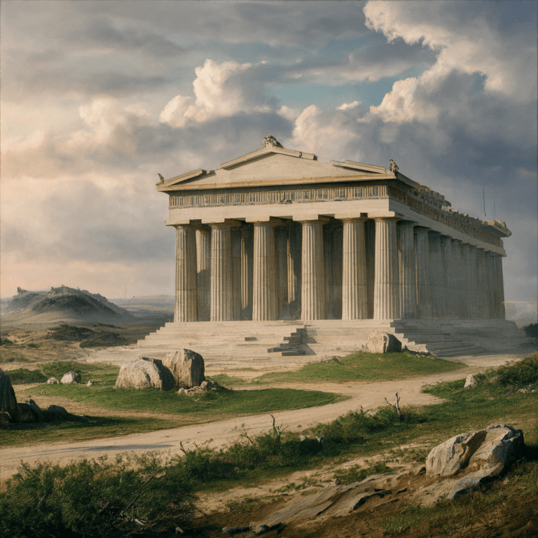 Serene landscape with a greek building in the middle- drawing. The strong pillars are symbolizing freedom foundations, and areas that supports them.