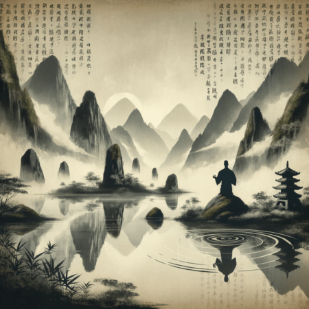 Eastern-inspired landscape, zen garden, misty mountains, or a tranquil body of water, symbolizing ester philosophies conveying how to live a good life