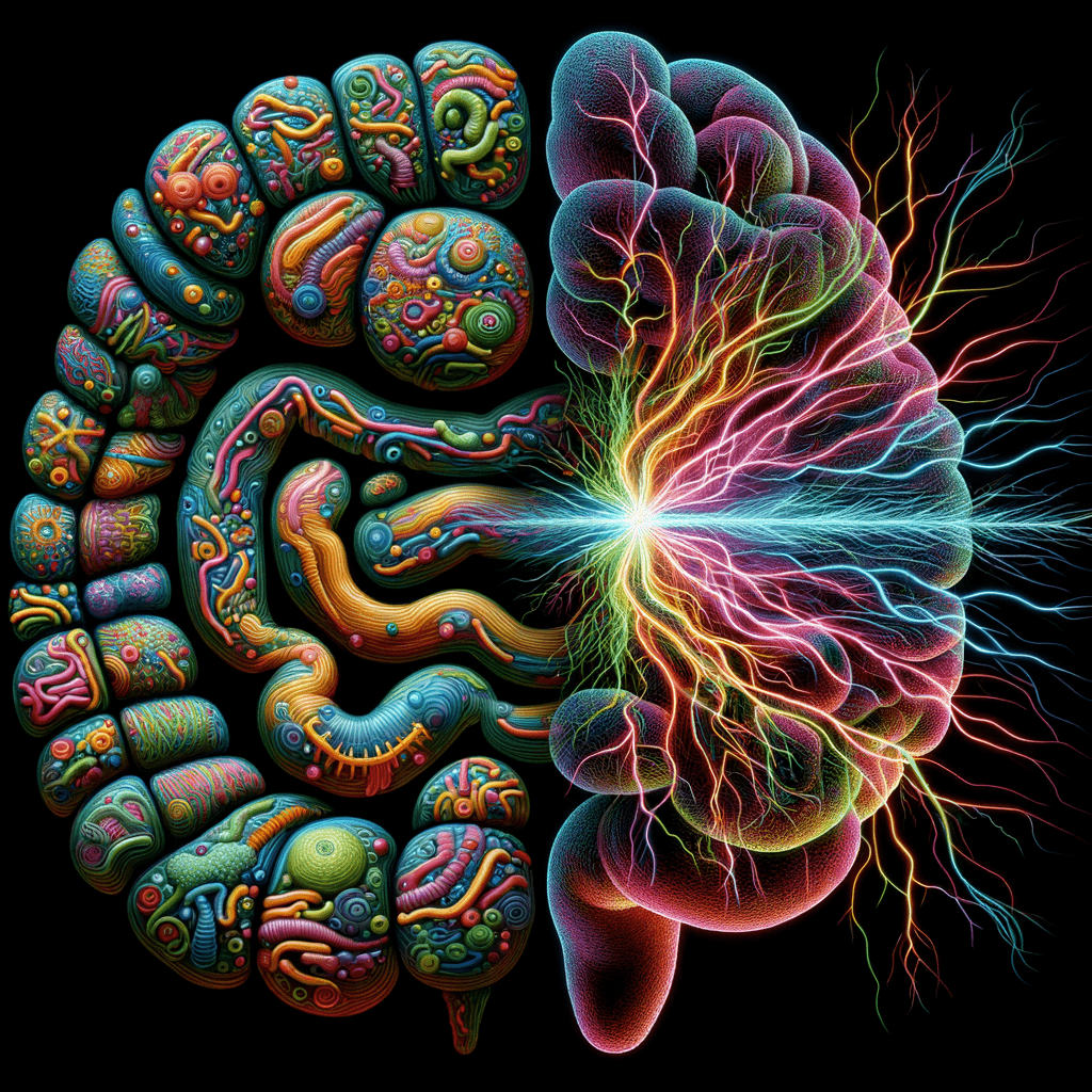 Visualization of the diverse gut microbiome and its connection to mental health. This image could depict a tangled network of colorful, abstract microbial forms, representing the complex ecosystem of the gut, with neural pathways extending from the gut to the brain.