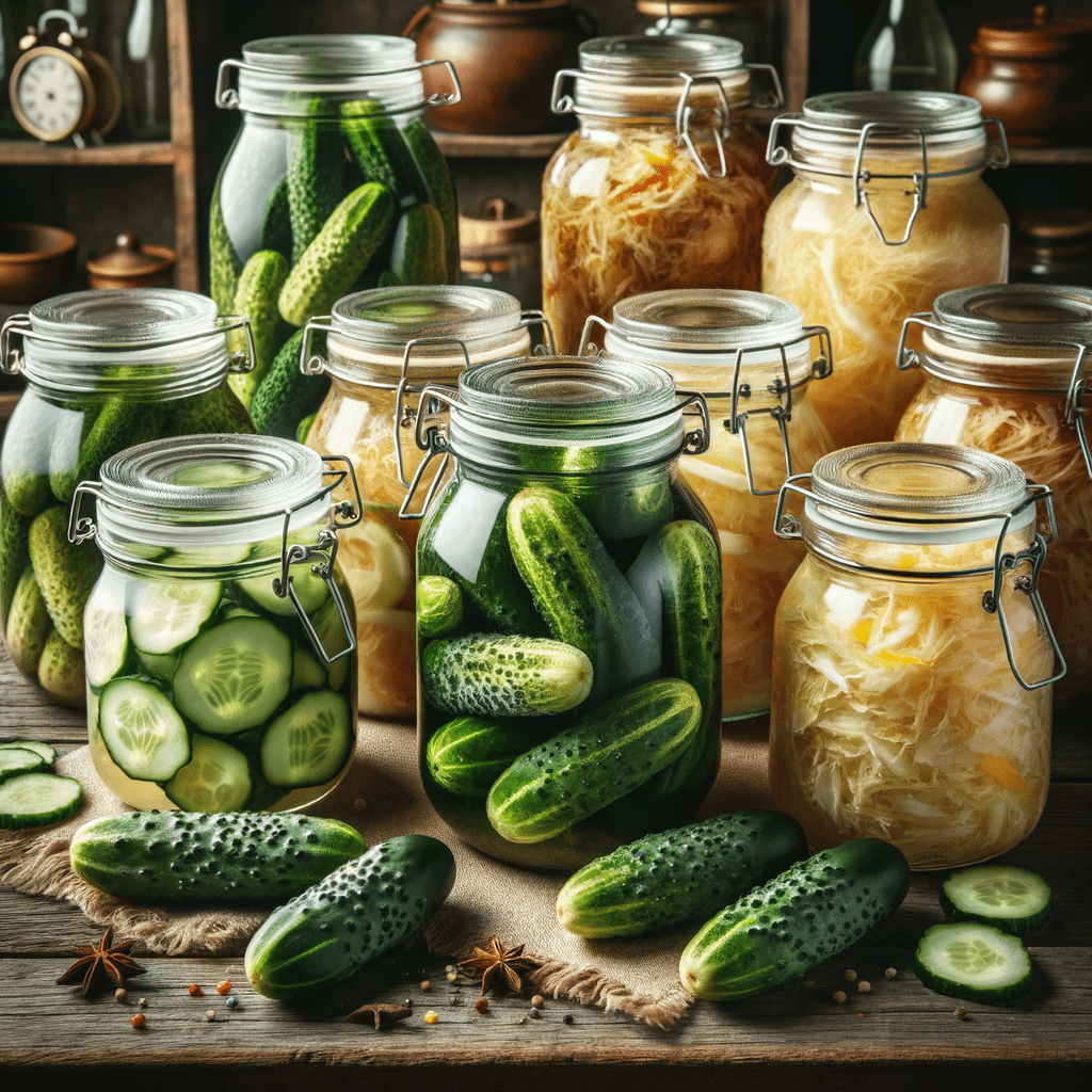 fermented sauerkraut and sour cucumbers in jars