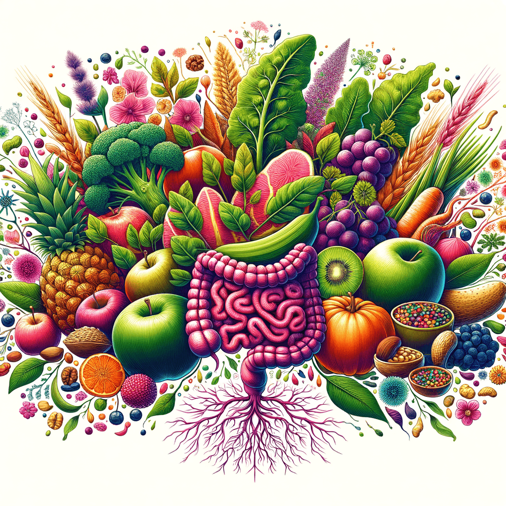 Vibrant illustration of a diverse array of plant-based foods supporting a healthy gut microbiome. This image could showcase a lush, colorful arrangement of fruits, vegetables, whole grains, legumes, nuts, and seeds. The plant-based foods could be depicted with intricate, almost botanical-style illustrations, with their root systems extending into a thriving, diverse gut microbiome.