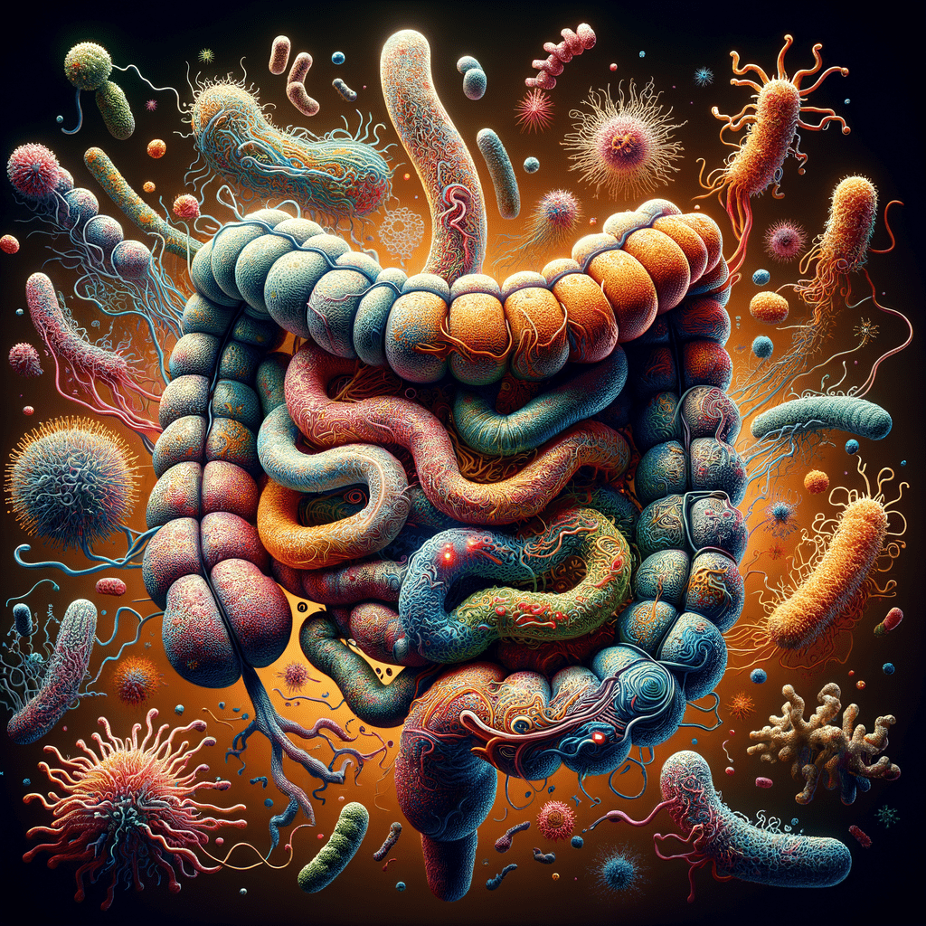 This image could depict a complex, abstract network of colorful, intertwined microbial forms, representing the trillions of bacteria that make up the gut microbiome.