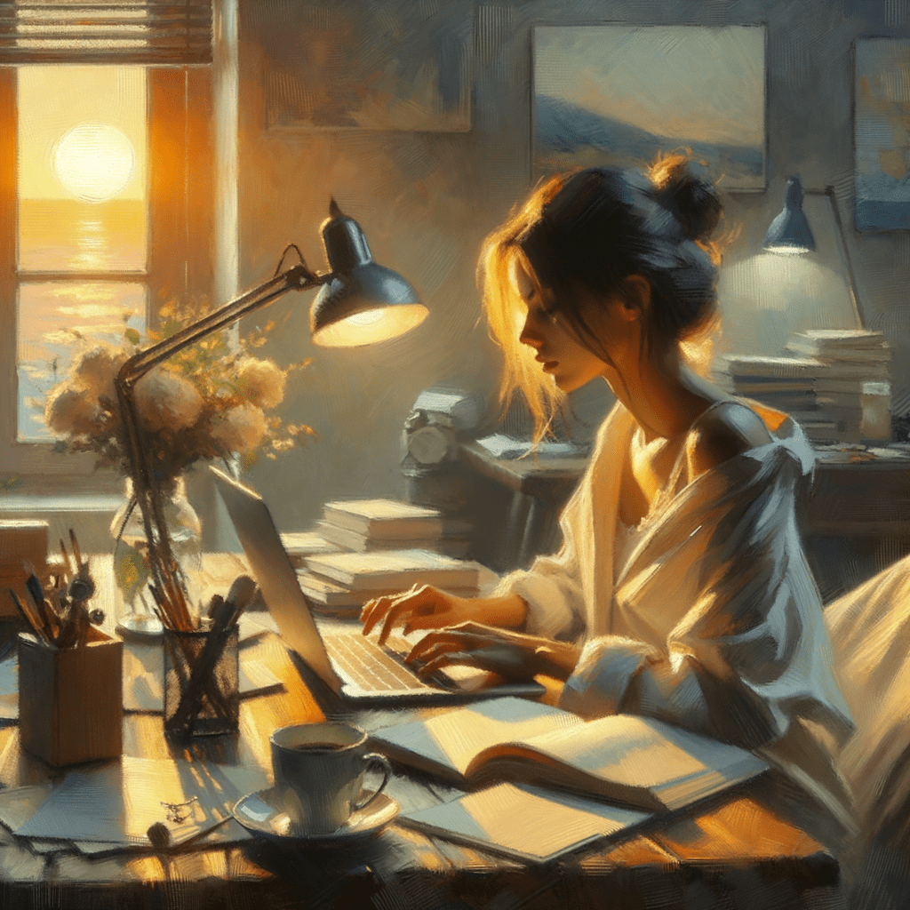 Cozy and inviting remote workspace. It should show a person, perhaps the author, sitting at a desk or table, working intently on a laptop computer. The workspace should be well-organized, with essential office supplies and decor elements that create a sense of comfort and focus. Make it minimalistic, maybe with an impressionism or piccasso style for the visuals.