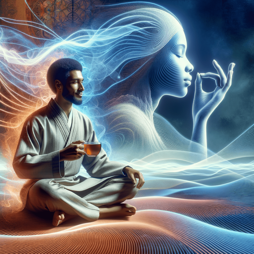Someone engaged in a mindfulness practice, like meditation or drinking a cup of tea, to illustrate the improved well-being and focus.