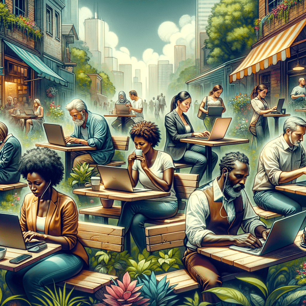 Image depicting the "shifting landscape of remote work", such as a group of diverse people working on laptops or devices in various remote locations (e.g., coffee shop, park bench, home office).
