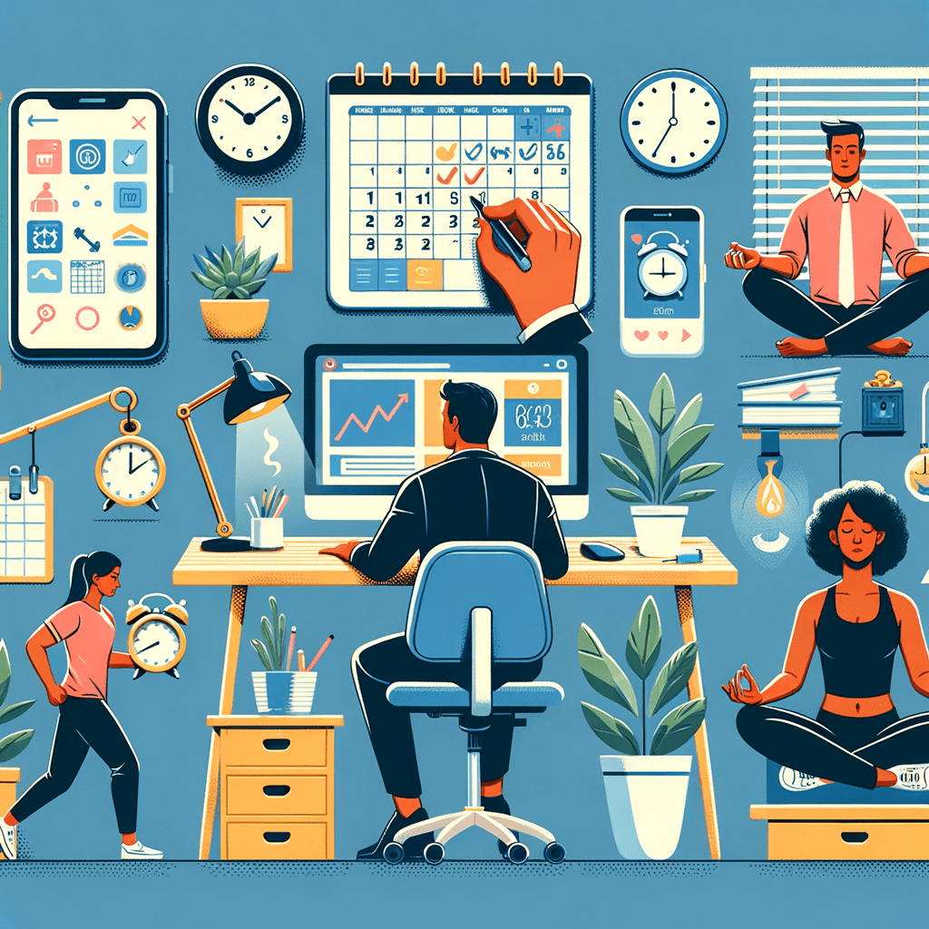 Images showcasing the various tips, such as a dedicated workspace, a person using time management tools, or someone engaged in a self-care activity.