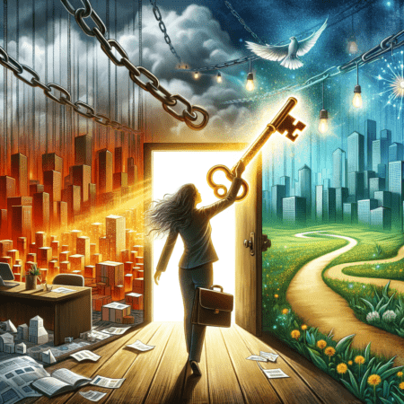 An eye-catching illustration of a person breaking free from a traditional career path, emphasizing the idea of using business knowledge to unlock greater freedom and autonomy in one's life.