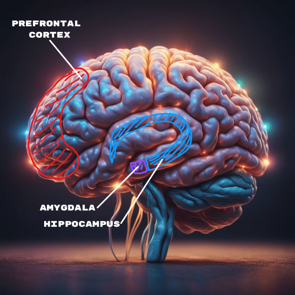 Create a minimalist line art illustration of a human brain profile on a clean, white background. Do not divide the brain into sections. Within this complete brain outline, clearly highlight three specific, smaller areas using distinct colors: Amygdala: A small, bold red almond shape located near the center of the brain, tucked just above the brainstem, with the pointed end of the almond shape directed towards the front of the brain. Hippocampus: Draw a subtle, sunny yellow shape resembling a gracefully curved seahorse tail. Position it so it begins under the amygdala and extends upward and back towards the rear of the brain. Prefrontal Cortex: Using a calming blue, outline the prefrontal cortex as a larger, rounded shape encompassing the very front part of the brain.