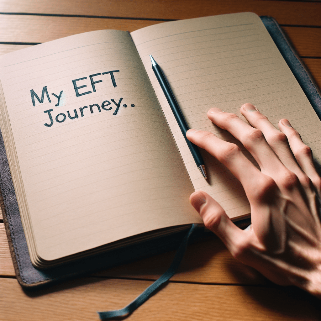 An open notebook on a table. The page has the title "My EFT Journey" handwritten in neat script. Beside the notebook is a hand gently tapping its index finger on the table, as if about to start writing.