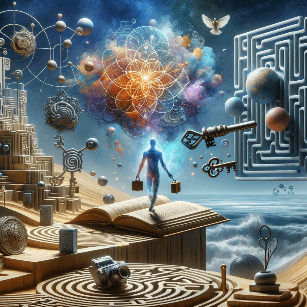 an image depicting the process of "unpacking" or exploring one's subconscious beliefs, perhaps through visualization, meditation, or therapeutic techniques.