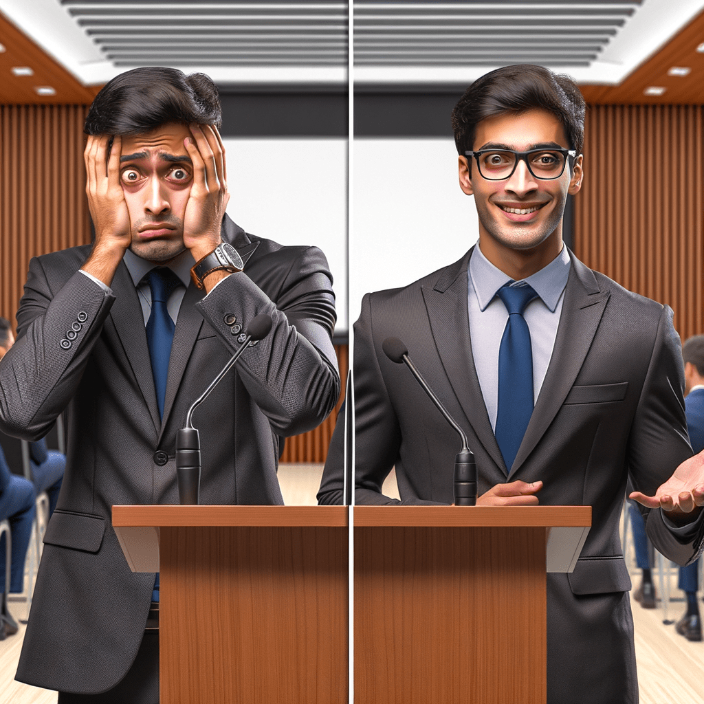 A split image. On one side, a person looking confused and overwhelmed. On the other side, a confident, successful person in the same scenario (e.g., giving a presentation, competing in a sport).