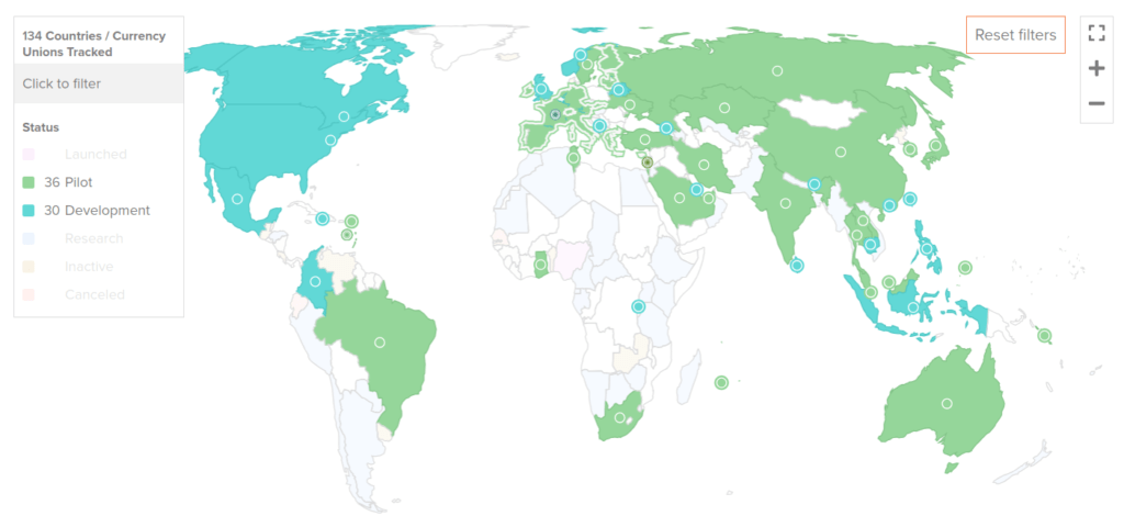 Atlantic Council Map of countries developing or piloting CBDCs in their jurisdiction. View for May 2024