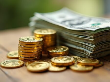 Image of gold coins next to pile of cash representing fiat currency vs real money