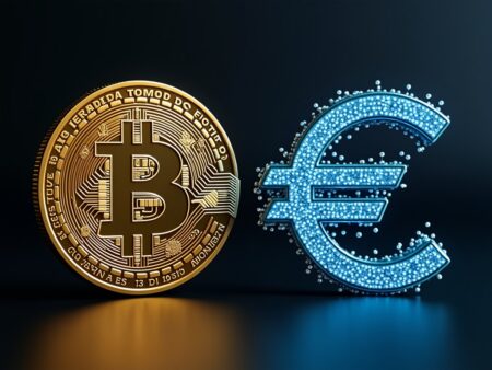artistic represntation of digital Euro (CBDC) and Bitcoin symbol, indicating differences between centralised and decentralised systems 
