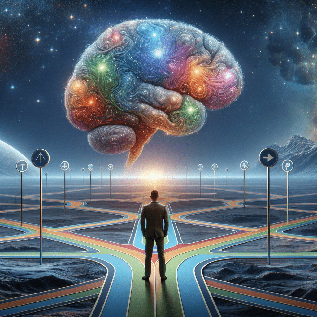 A person standing at a crossroads with multiple paths leading out into a surreal, dreamlike landscape. Each path is a different color and represents a different choice or possibility, symbolizing how NLP helps us navigate our internal maps and create desired outcomes. Place a futuristic brain on the top on top of the background.