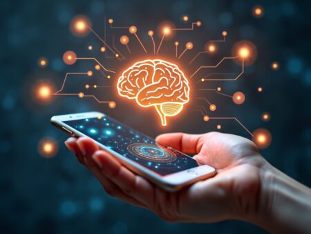 A smartphone with a glowing AI brain icon emerging from the screen.     Meaning: This visually represents the democratization of AI, with powerful AI becoming accessible on everyday devices and the rise of specialized AI agents working together.