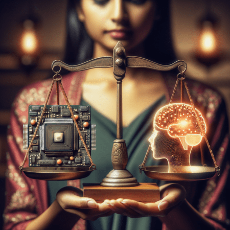 data scientist carefully balancing scales; a classic computer chip; on the other, a glowing AI brain icon. Illustrates the need to carefully consider and balance traditional machine learning approaches with newer AI techniques like LLMs based on project needs.