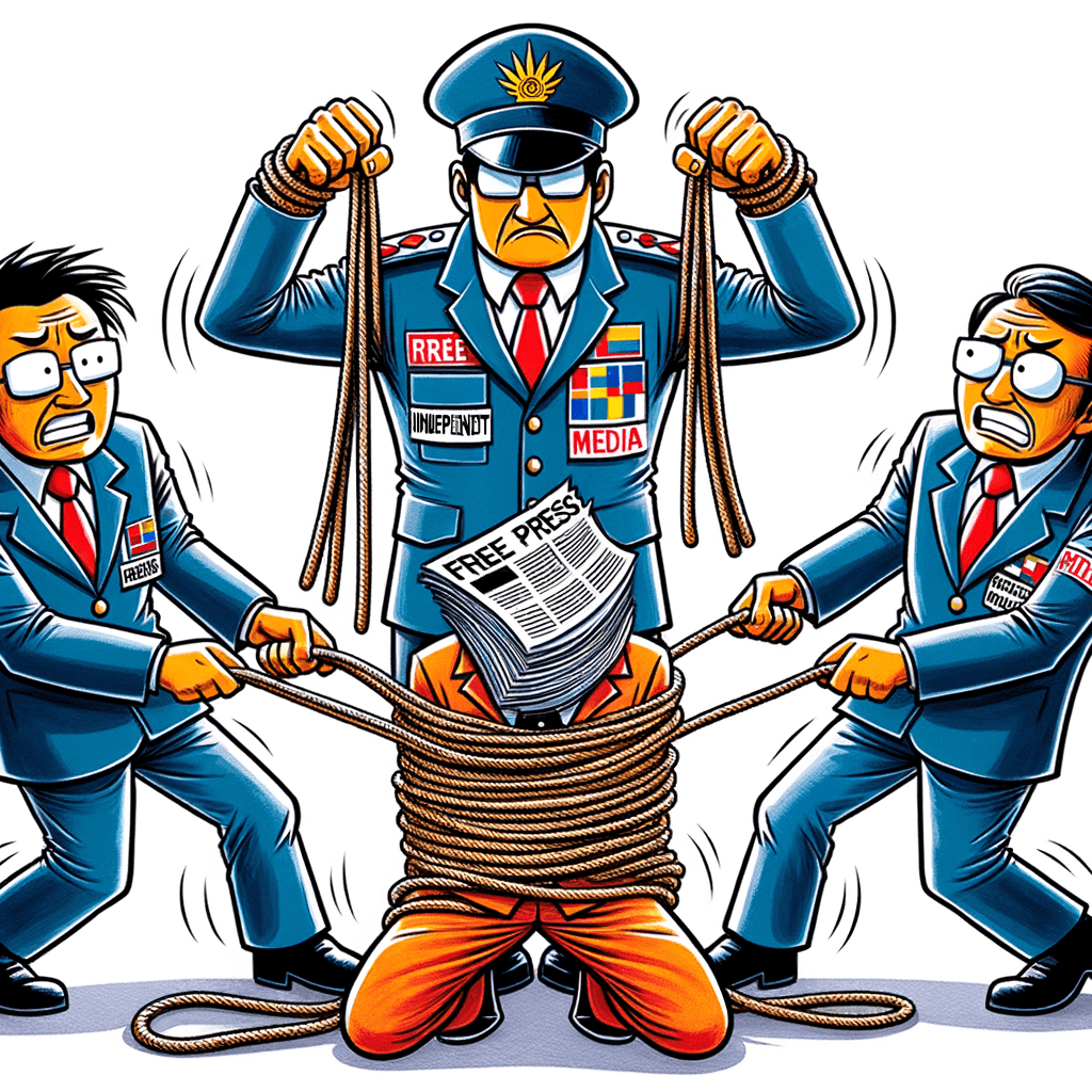 The cartoon could depict politicians or bureaucrats tightening the reins on a struggling figure representing the free press or independent media.