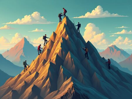 Climber reaching the peak, symbolizing plateau in ai progress, meaning most of growth is behind us  