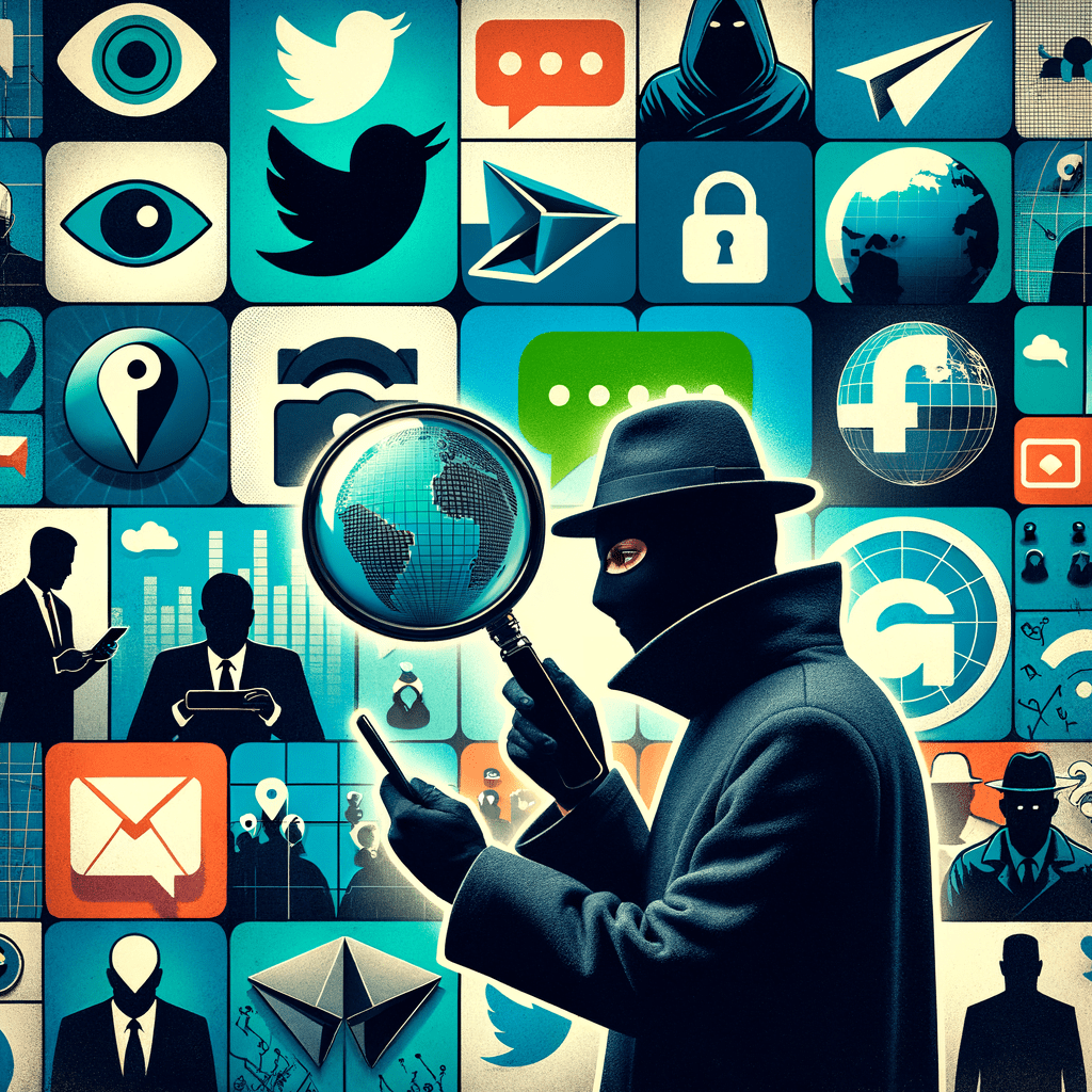 collage image featuring the logos of various social media and messaging apps (WhatsApp, Telegram, Twitter, etc.) being monitored or controlled by silhouettes of government figures.