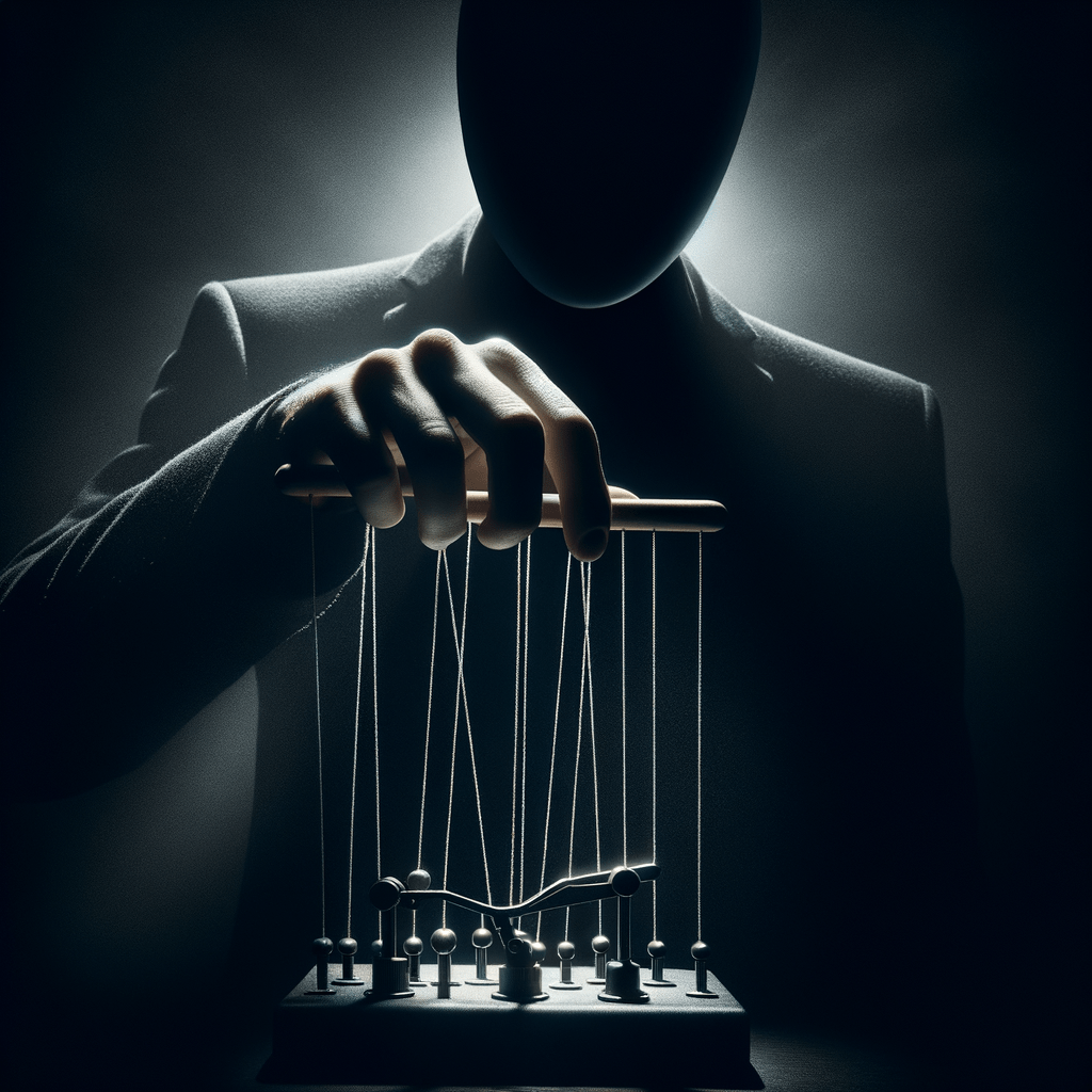 faceless figure pulling strings or levers, symbolizing the hidden agendas and power structures that threaten to erode our fundamental rights
