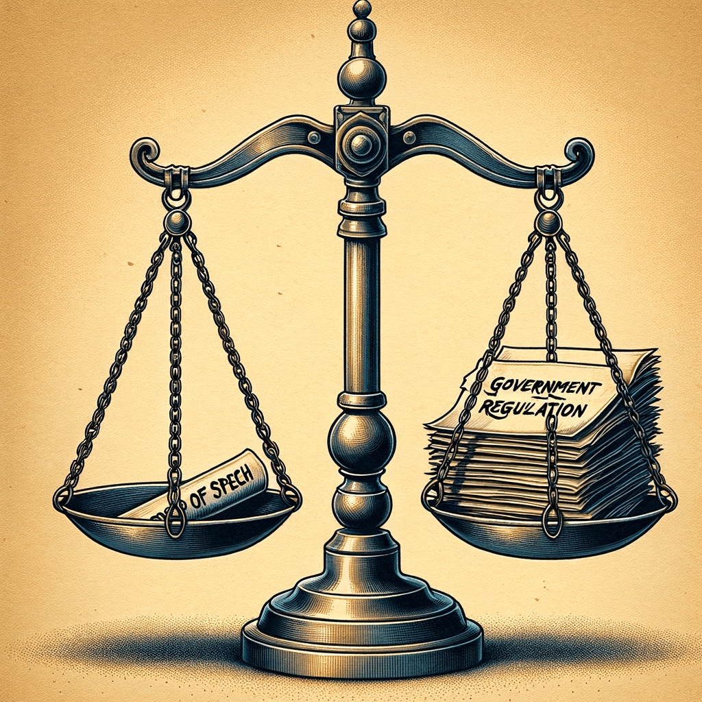 an illustration depicting a set of scales, with "Freedom of Speech" on one side and "Government Regulation" on the other. The scales are balancing precariously, symbolizing the tension between these competing values.
