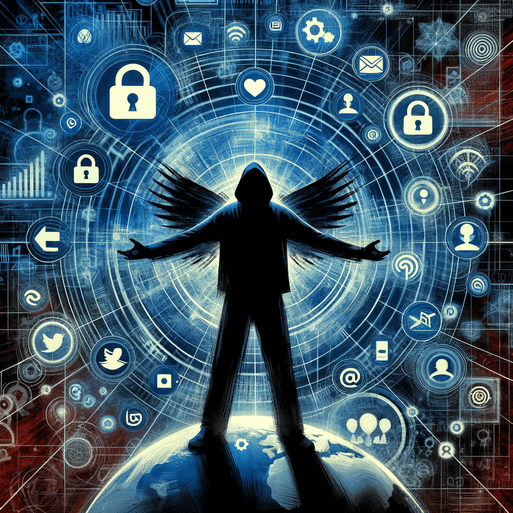 A silhouetted figure stands defiantly, arms outstretched, against a backdrop of swirling social media logos and data visualizations. The title "Defending Freedom of Speech in the Age of Misinformation" overlays the scene, conveying the high-stakes struggle to preserve fundamental rights in the digital landscape.