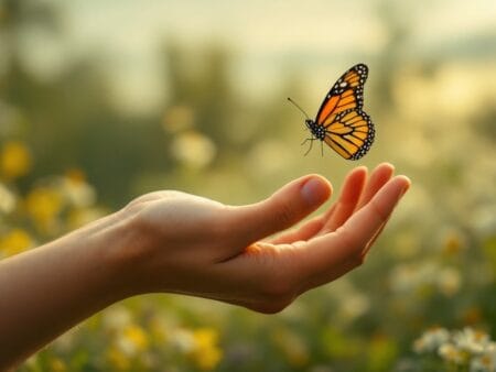 A hand reaching out to grasp a butterfly.