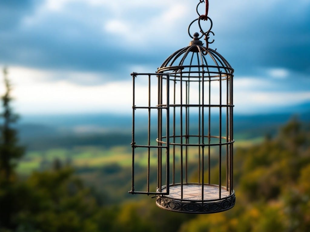 Open birdcage with a blurred background of a vast landscape signifying freedom and liberty