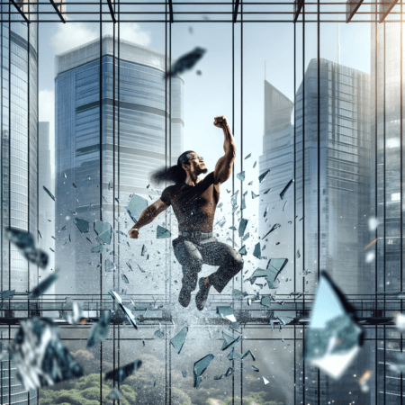 breaking through glass celling symbolising overcoming difficult problem like achieving freedom in an unfree world
