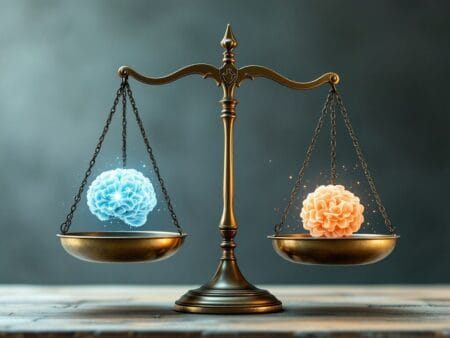 A balanced scale repressing intellect and emotion, which is ideal state for the intellectual trap and emotional trap.