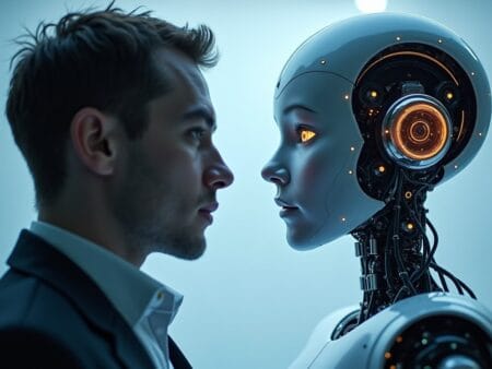 close up of a man and an AI robot, symbolizing human and LLM conversation, and prompt as a central mechanism of it