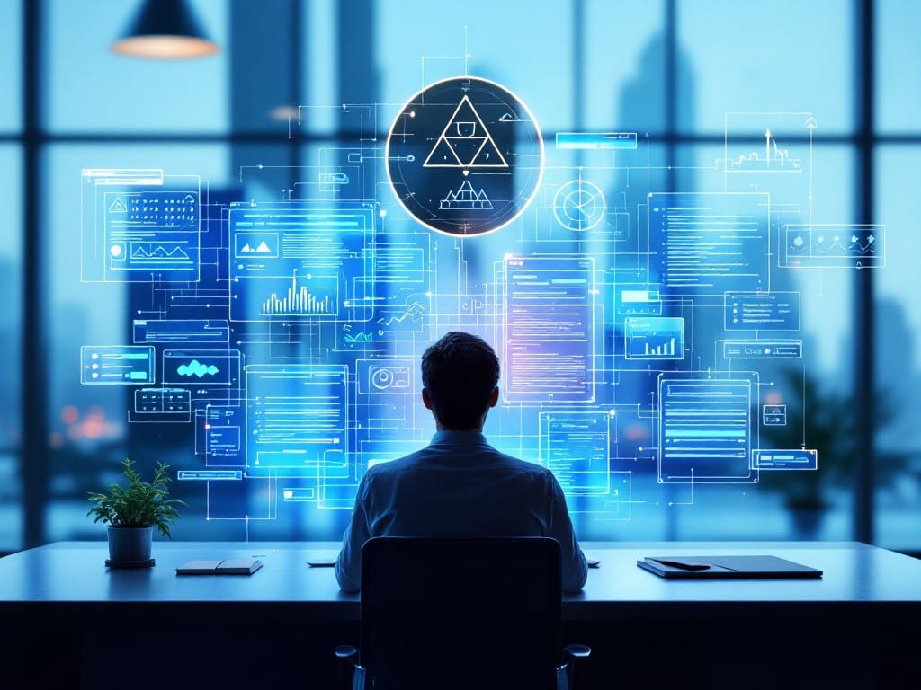 Man working in front of holographic sreens, representing future of working wiht LLMs using special prompts, which are learnable skill.